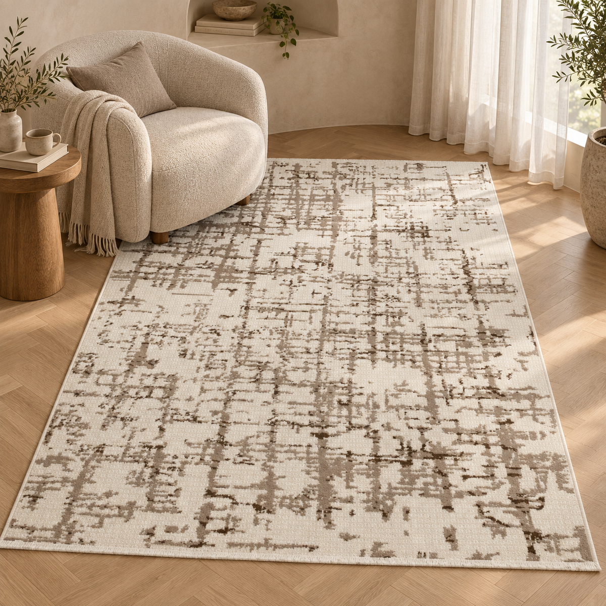Tapis Neris - Blanc et taupe - ambiance Dizayni
