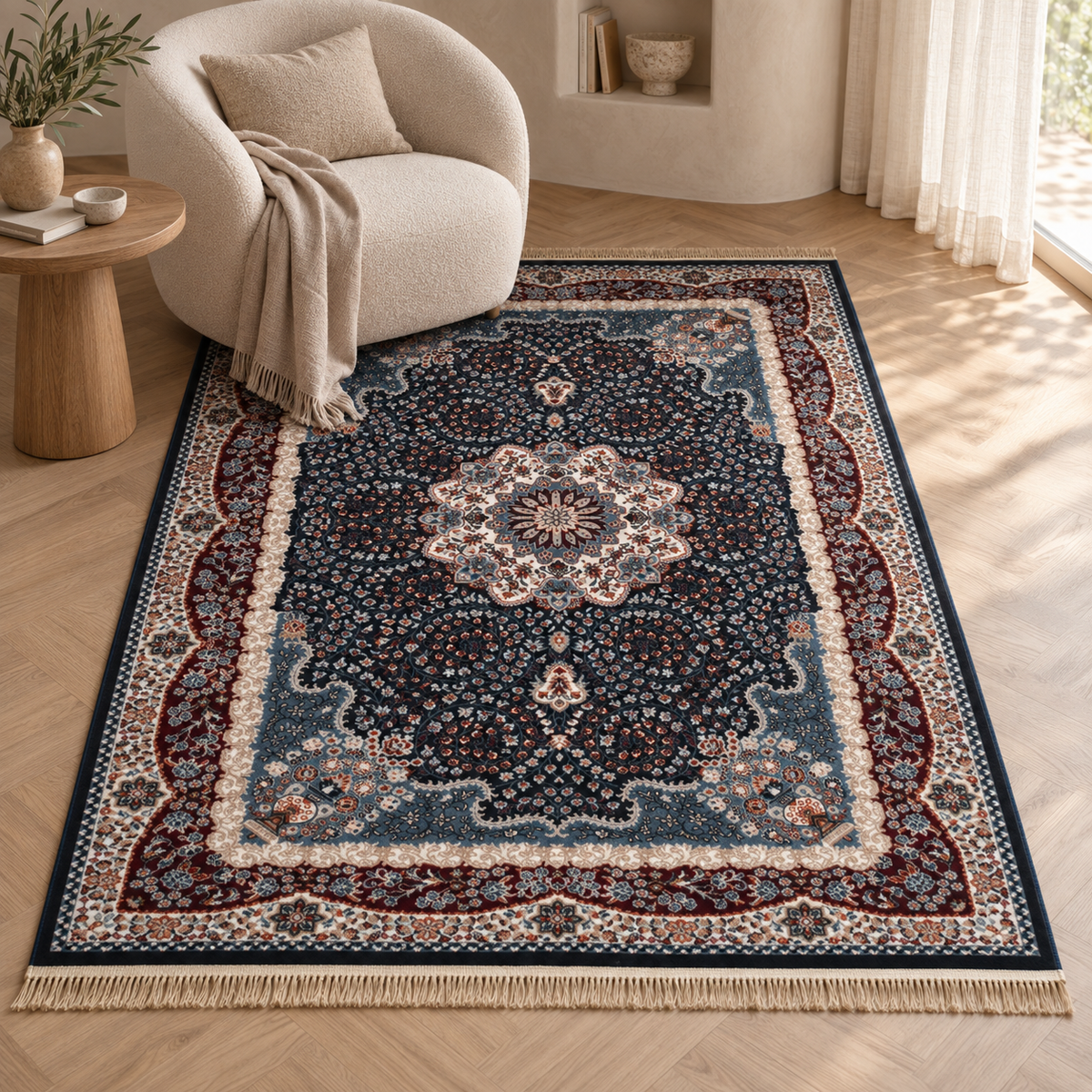 Tapis Savan - Bleu marine et bordeaux - ambiance Dizayni
