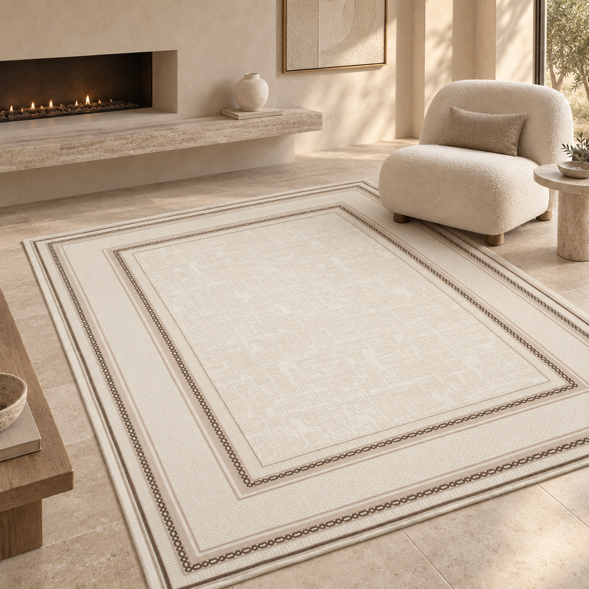 Tapis Soran - Blanc et taupe - ambiance Dizayni